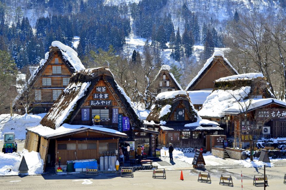 Traditional gassho-zukuri houses in snow-covered Shirakawa-go village